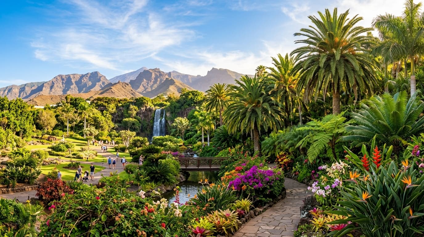 Lush tropical botanical gardens, palm trees, waterfall and mountains at Loro Parque Tenerife
