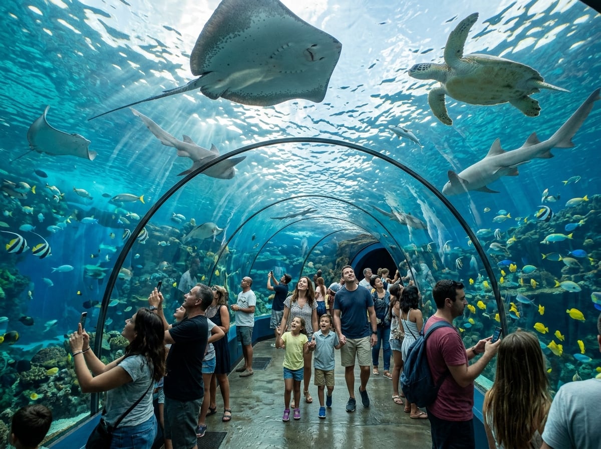 Aquarium underwater tunnel with stingrays and sharks
