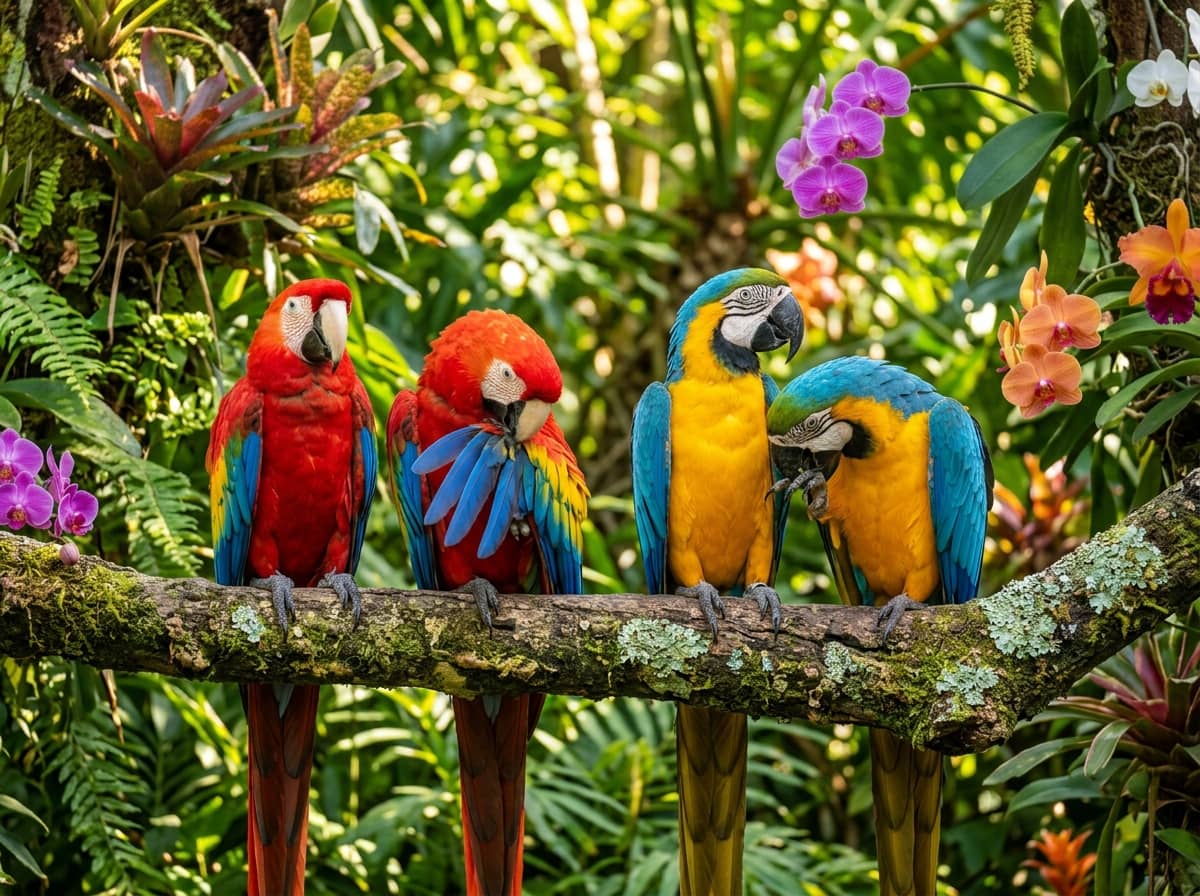 Colourful parrots and macaws in lush aviaries at Loro Parque