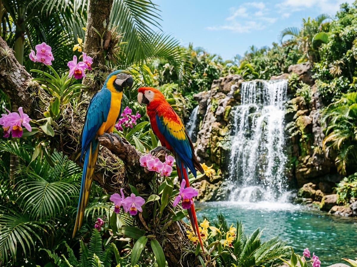 Vibrant Scarlet and Blue-and-Gold Macaws with tropical waterfall at Loro Parque